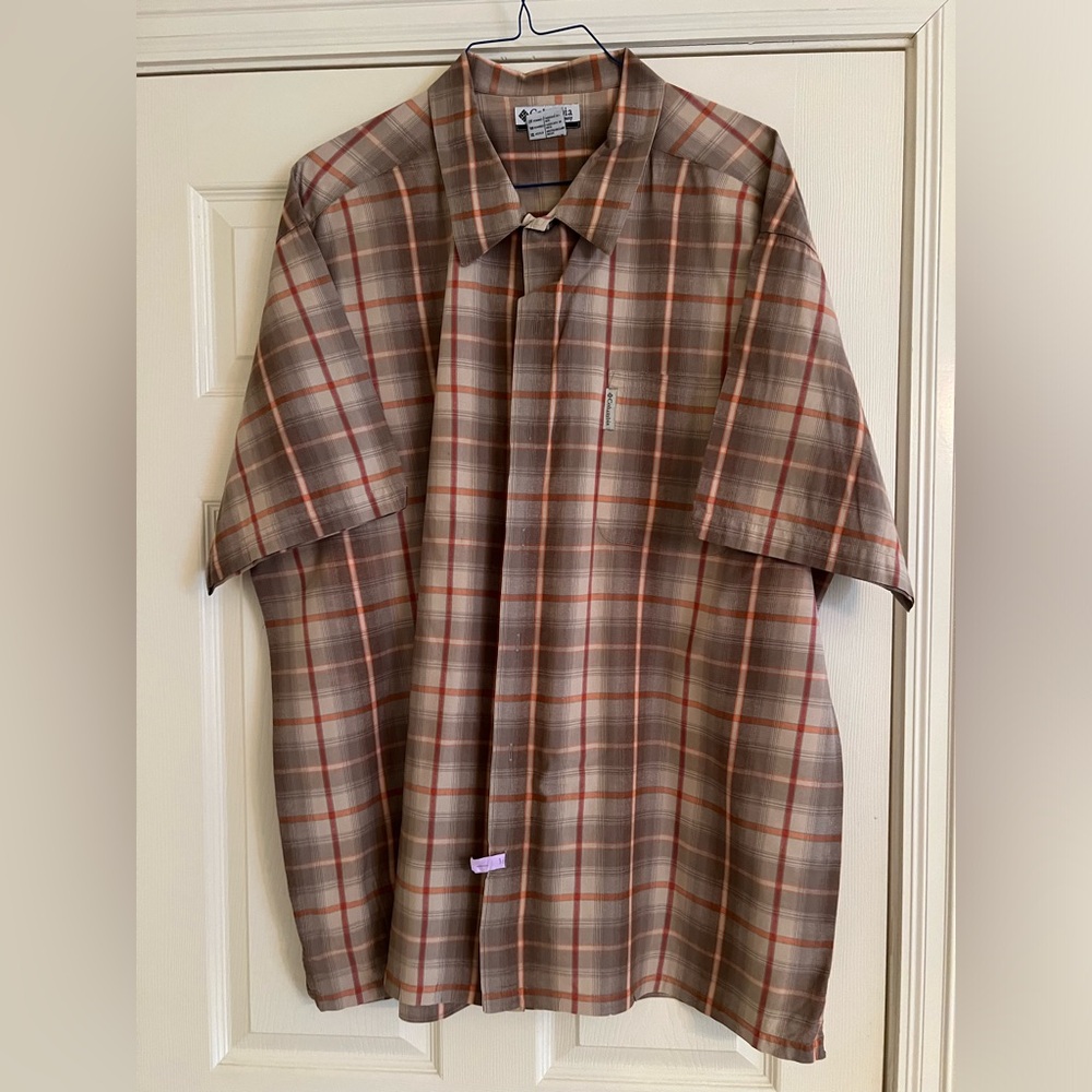 Columbia Men’s Brown and Orange Plaid Short Sleeve Button Down Shirt 3XB *stain